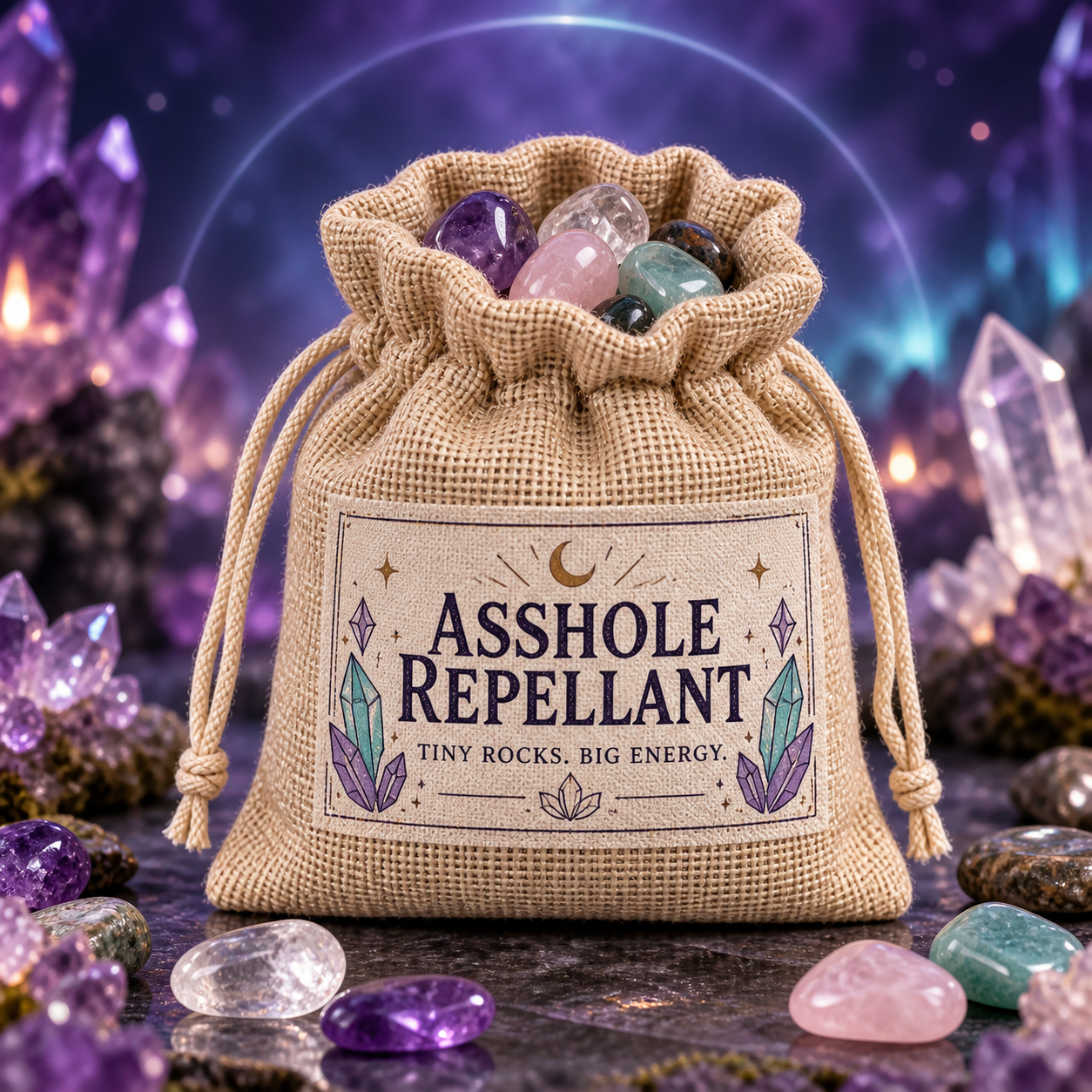 Asshole Repellant novelty gift bag filled with colorful rocks and crystals